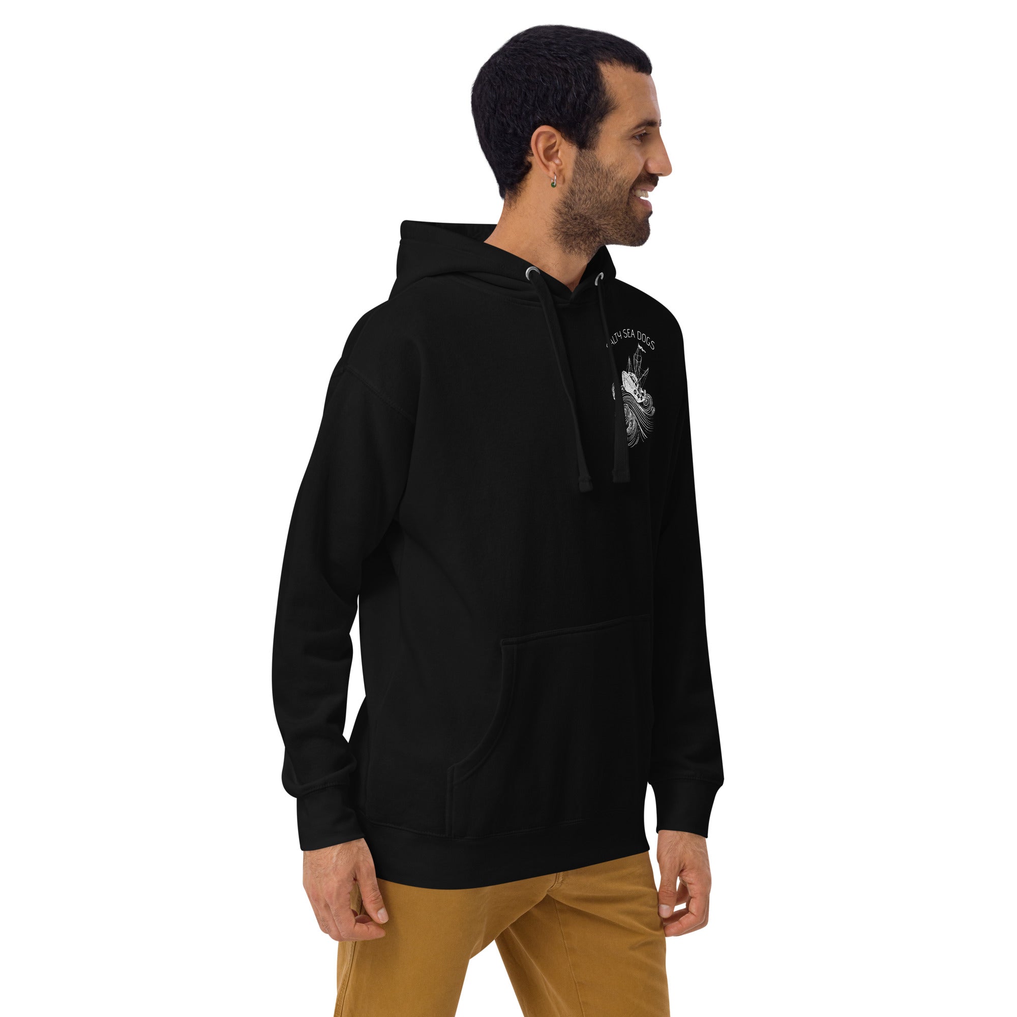 Design of Salty Seadogs - on back - Unisex Hoodie , the colour is