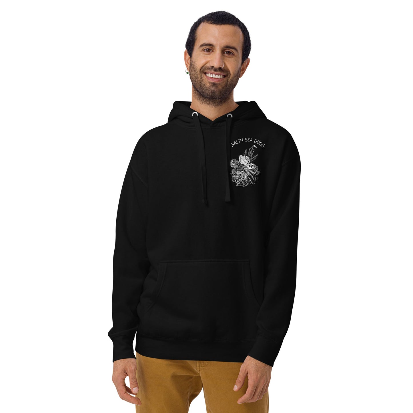 Design of Salty Seadogs - on back - Unisex Hoodie , the colour is