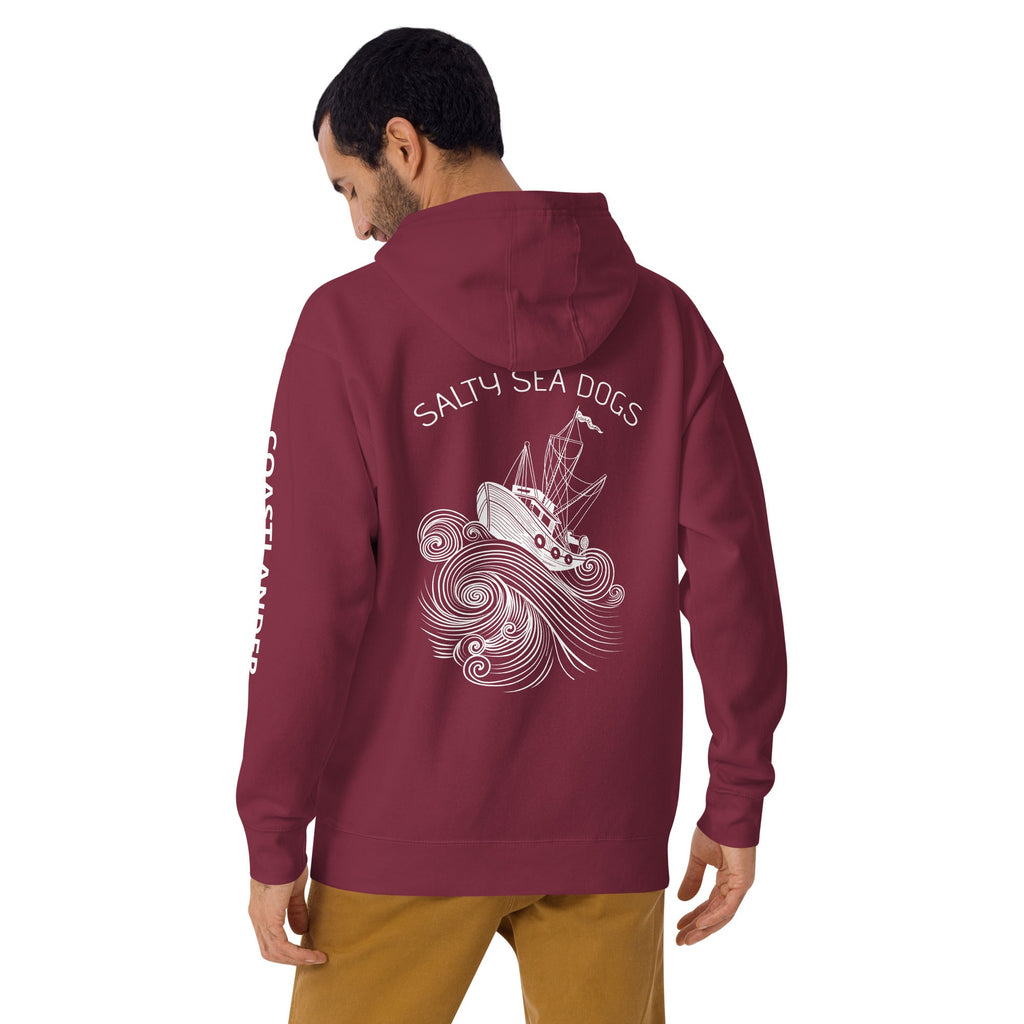 Design of Salty Seadogs - on back - Unisex Hoodie , the colour is Maroon