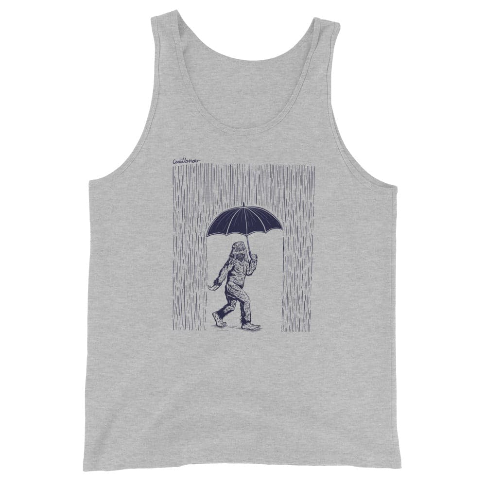 Design of Sasquatch - BigFoot - Rainy Day - Umbrella - Unisex Tank Top , the colour is Athletic Heather