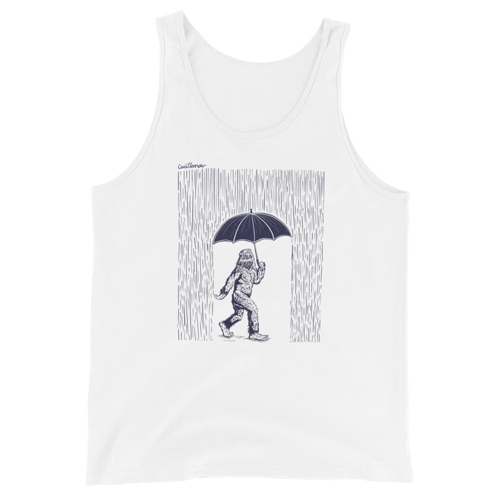 Design of Sasquatch - BigFoot - Rainy Day - Umbrella - Unisex Tank Top , the colour is White