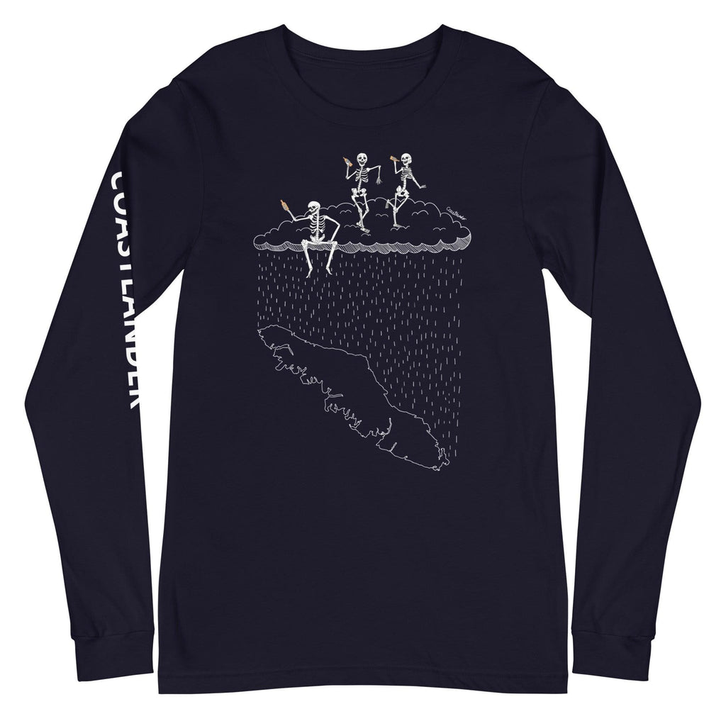 Design of Skeletons Dancing & Drinking over Van Isle - Unisex Long Sleeve Tee , the colour is Navy