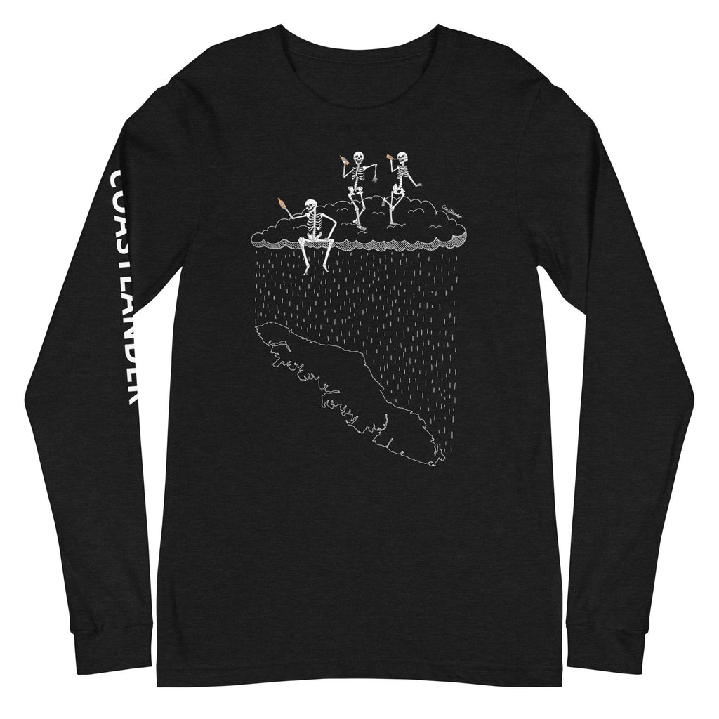 Design of Skeletons Dancing & Drinking over Van Isle - Unisex Long Sleeve Tee , the colour is Black Heather