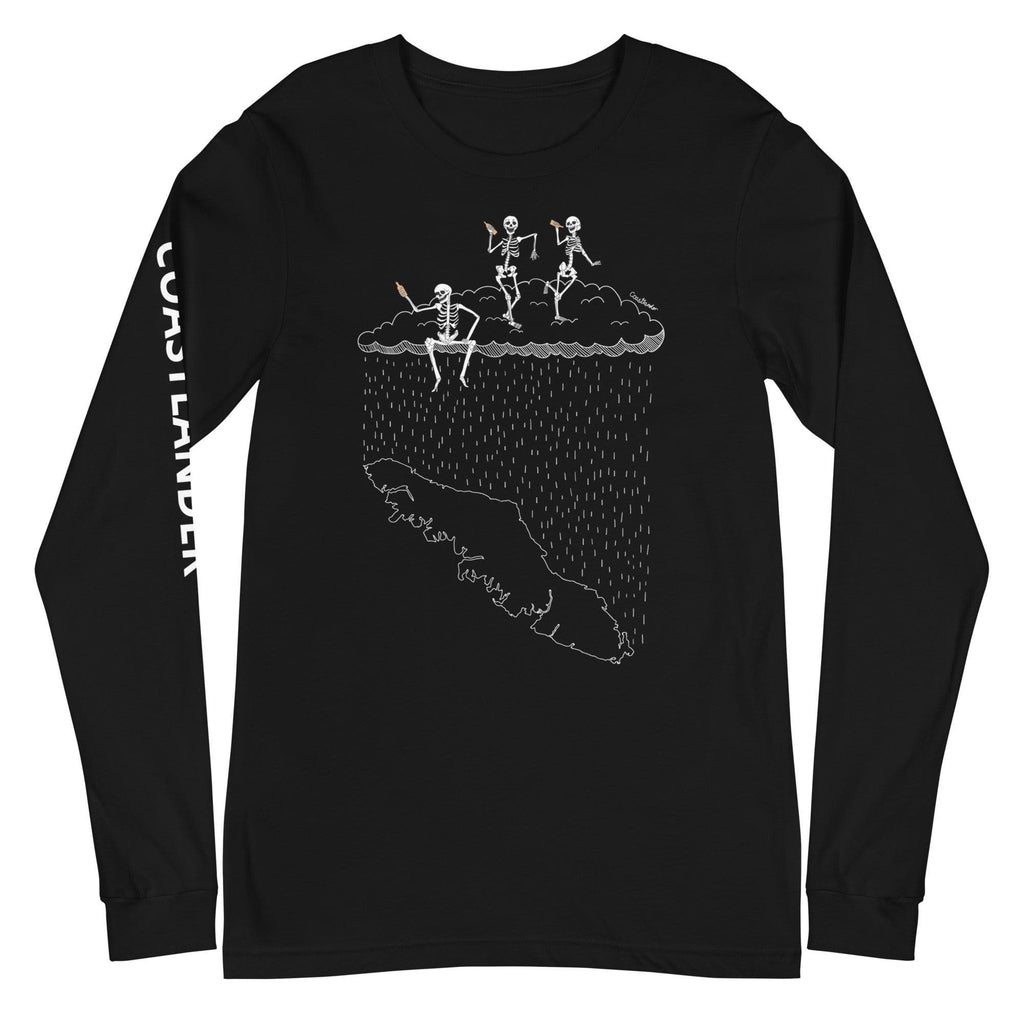 Design of Skeletons Dancing & Drinking over Van Isle - Unisex Long Sleeve Tee , the colour is Black