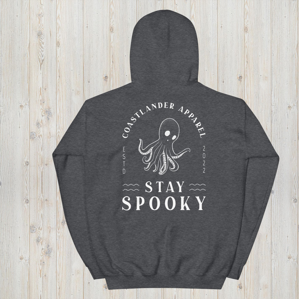 Design of Stay Spooky Octopus - Ghost - Unisex Hoodie , the colour is Dark Heather