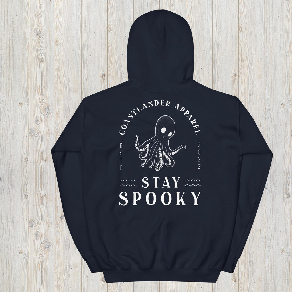 Design of Stay Spooky Octopus - Ghost - Unisex Hoodie , the colour is Navy