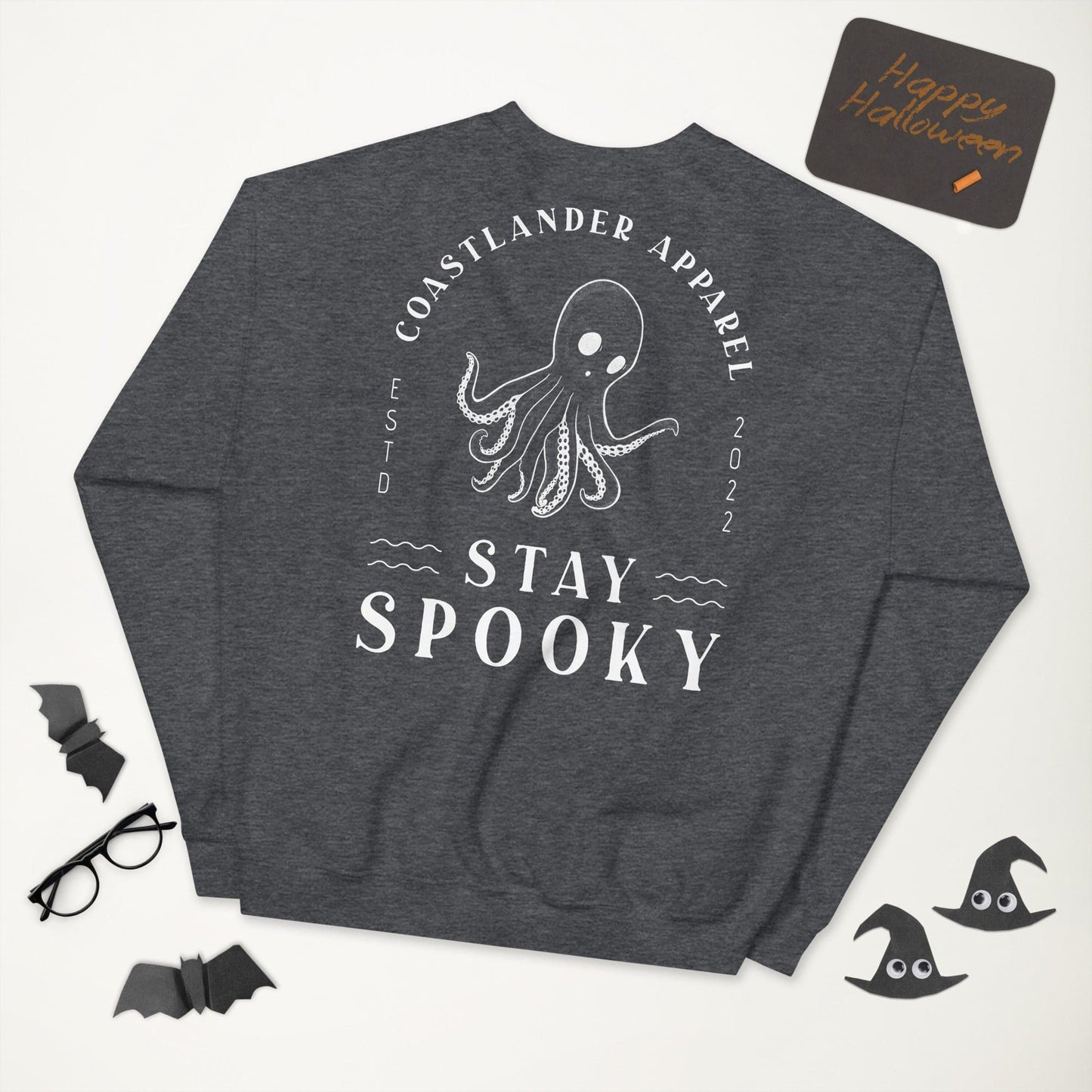 Design of Stay Spooky Octopus - Ghost - Unisex Sweatshirt , the colour is Dark Heather