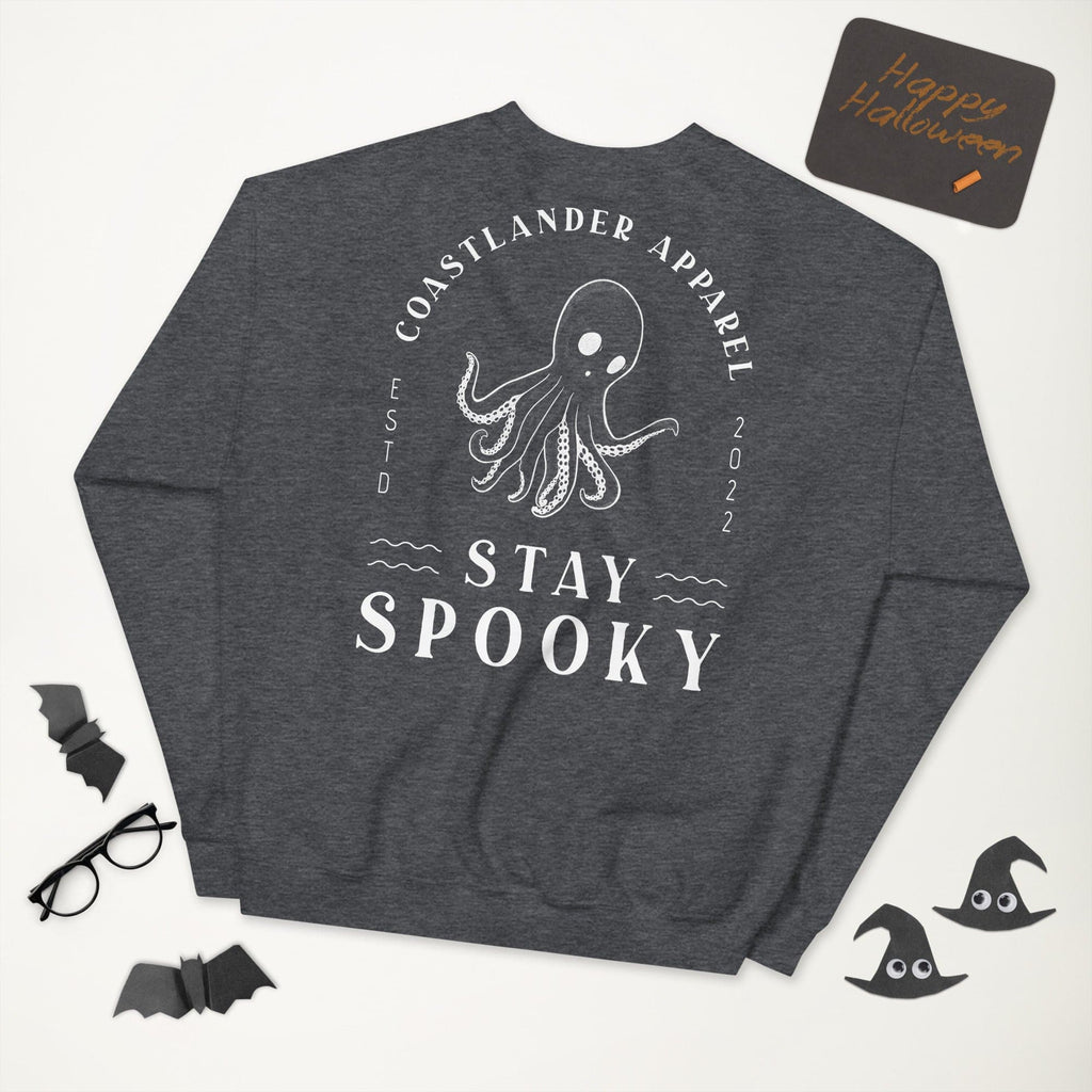 Design of Stay Spooky Octopus - Ghost - Unisex Sweatshirt , the colour is Dark Heather