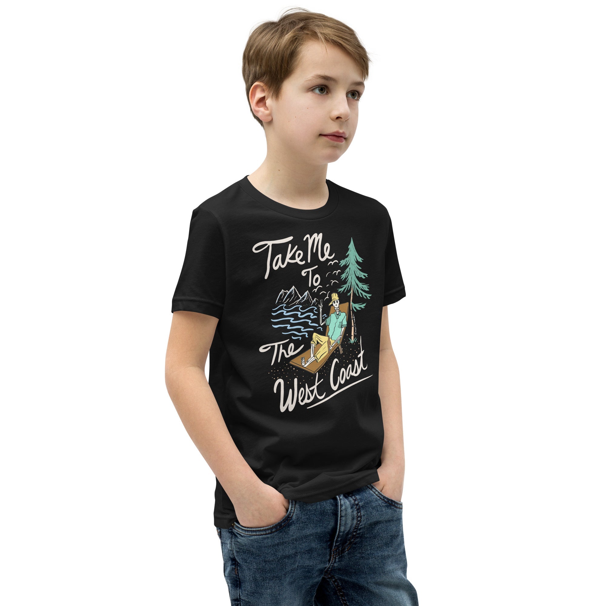 Design of Take Me To The West Coast - Skeleton Design - Kids - Youth Short Sleeve T-Shirt , the colour is