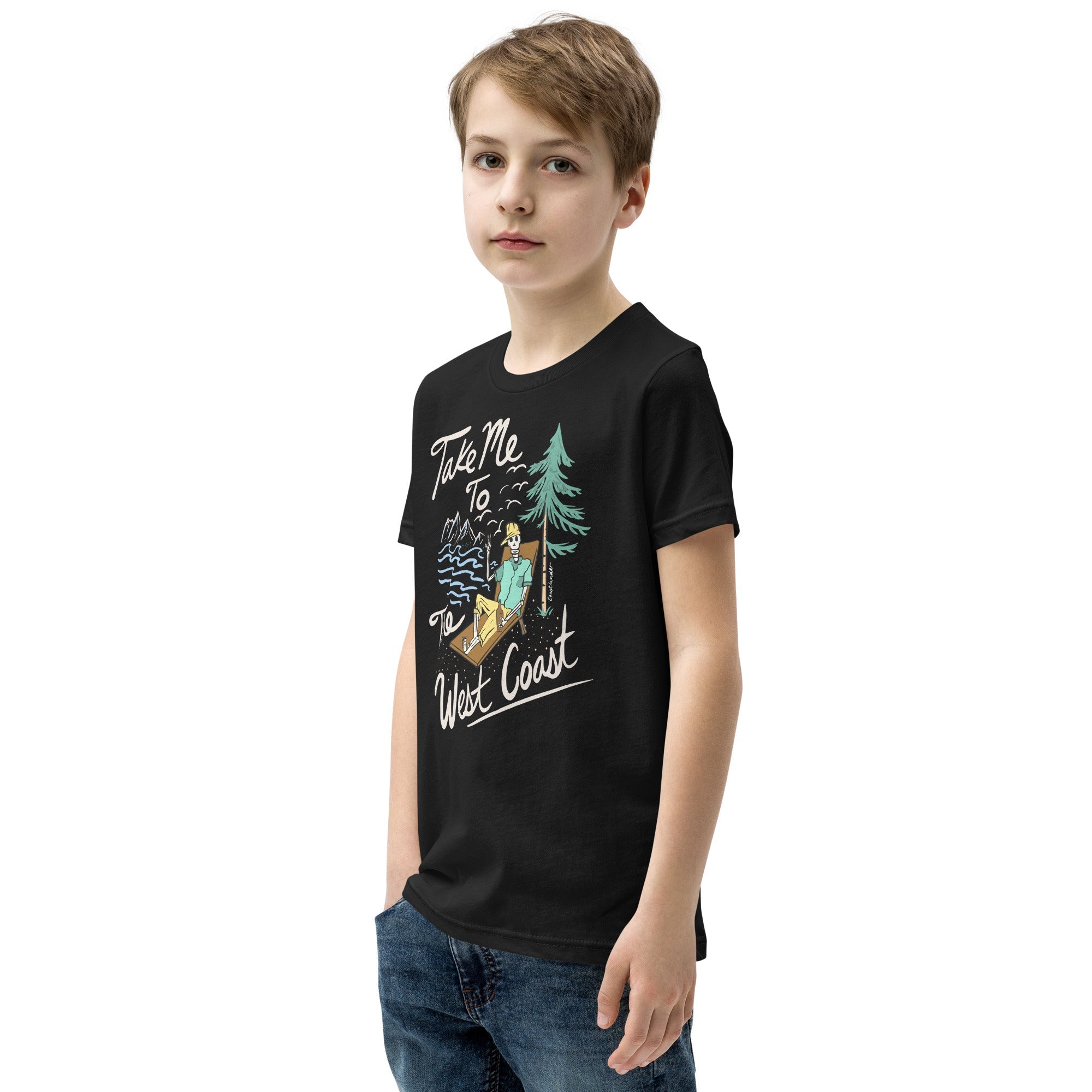 Design of Take Me To The West Coast - Skeleton Design - Kids - Youth Short Sleeve T-Shirt , the colour is