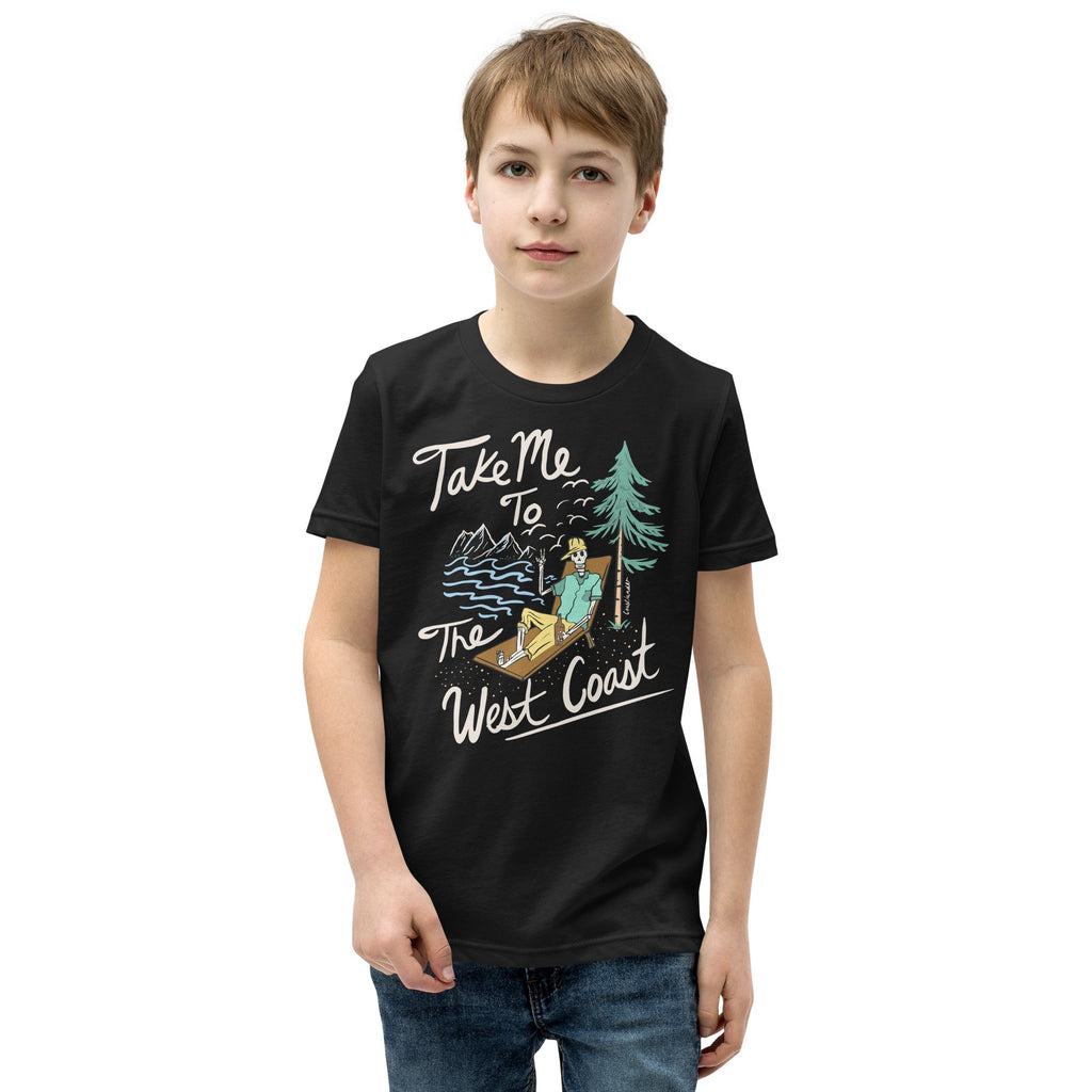 Design of Take Me To The West Coast - Skeleton Design - Kids - Youth Short Sleeve T-Shirt , the colour is