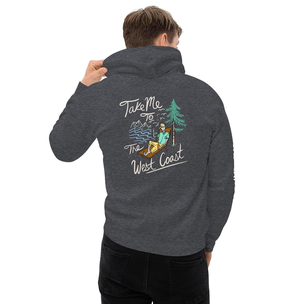 Design of Take Me To The West Coast - Skeleton- Unisex Hoodie , the colour is Dark Heather