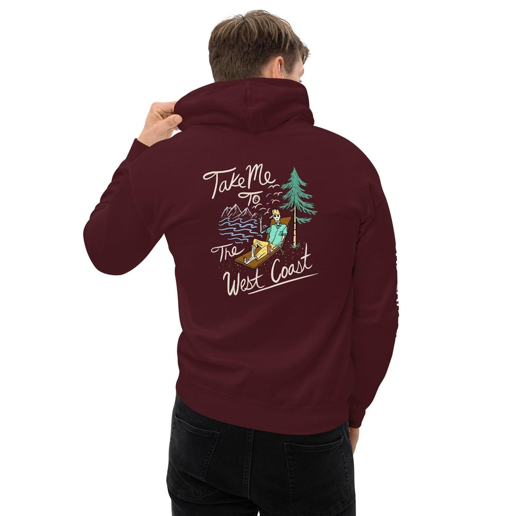 Design of Take Me To The West Coast - Skeleton- Unisex Hoodie , the colour is Maroon
