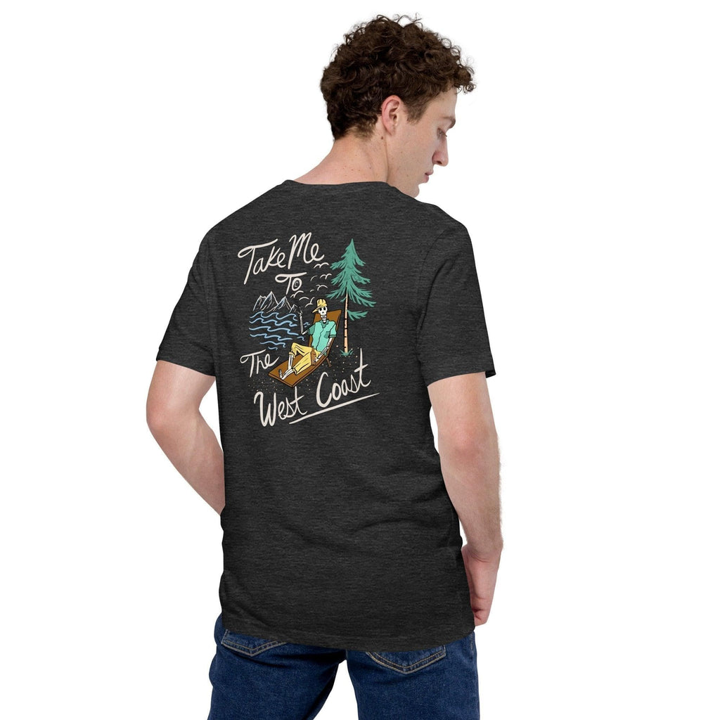 Design of Take Me To The West Coast - Skeleton - Unisex t-shirt , the colour is Dark Grey Heather