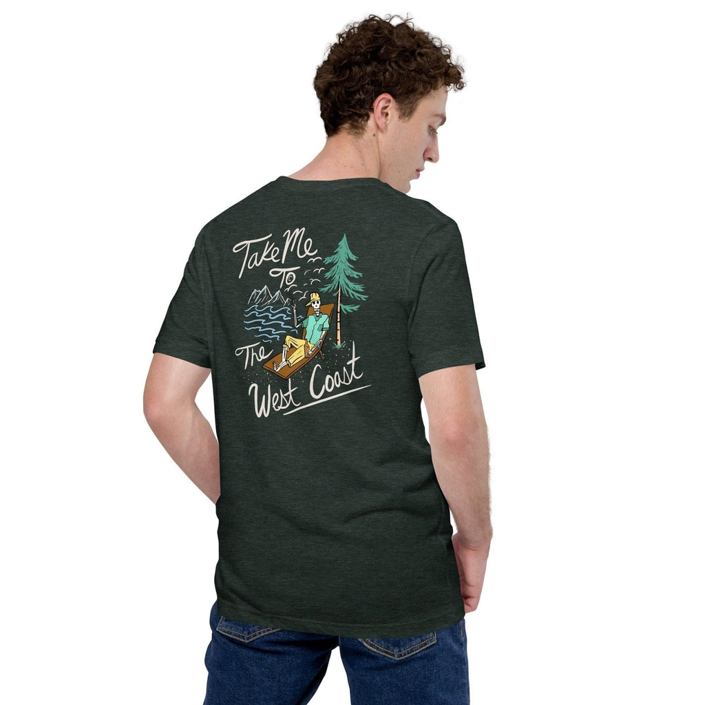 Design of Take Me To The West Coast - Skeleton - Unisex t-shirt , the colour is Heather Forest