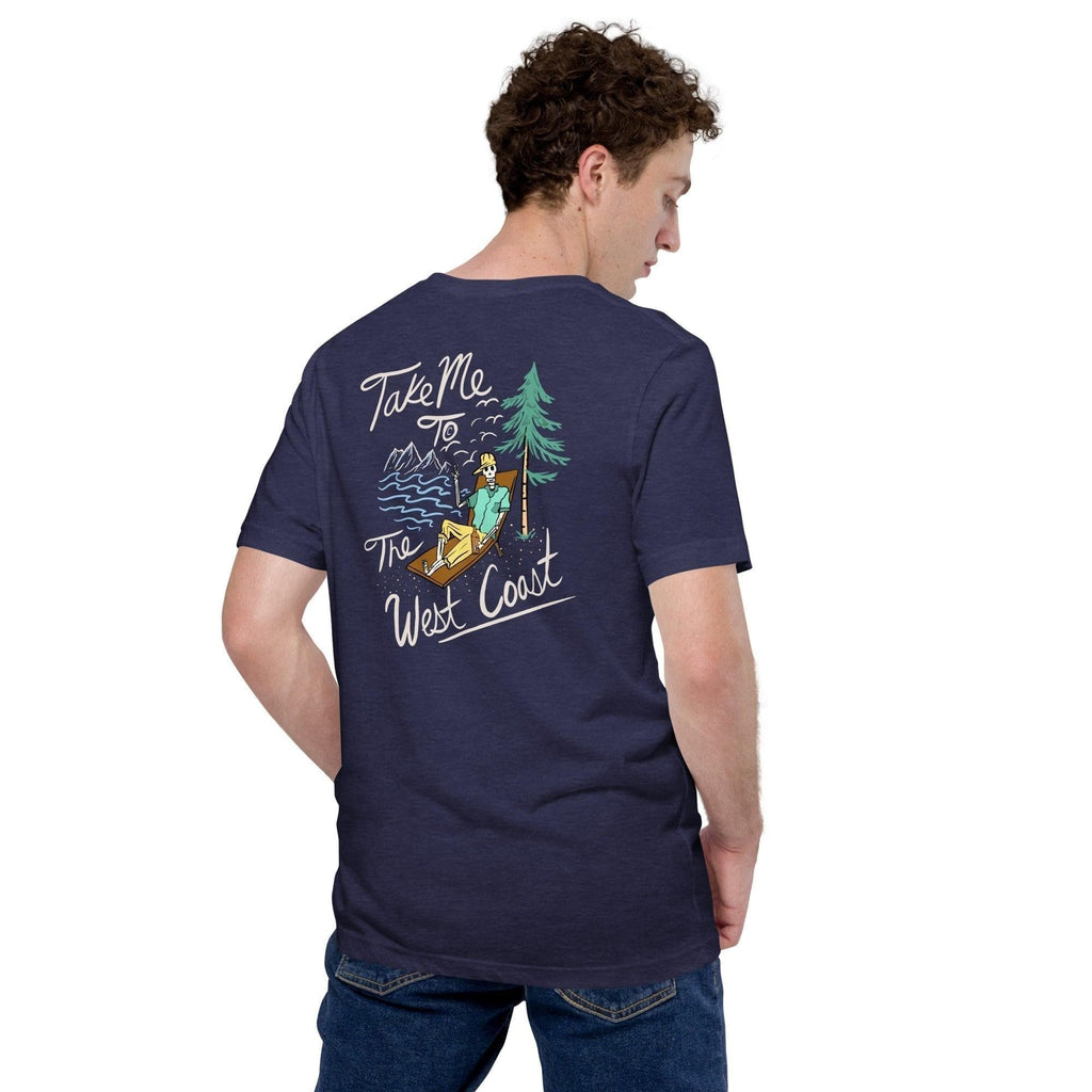 Design of Take Me To The West Coast - Skeleton - Unisex t-shirt , the colour is Heather Midnight Navy
