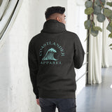 Design of Tree Wave Design - on back - Unisex Hoodie , the colour is Charcoal Heather