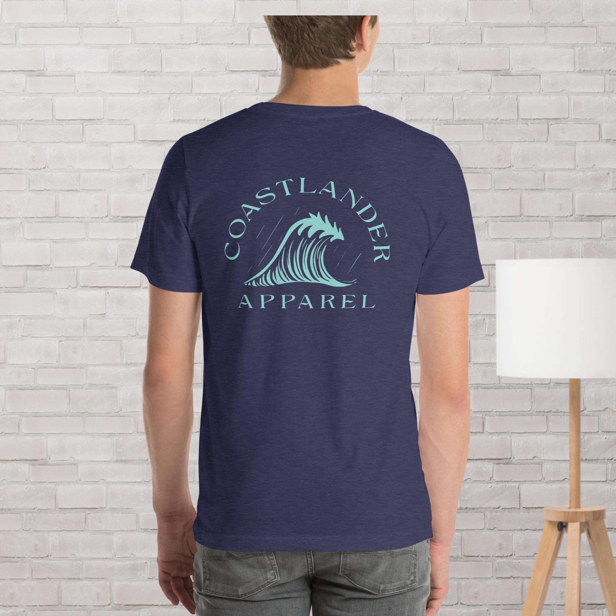 Design of Tree Wave Design - on back - Unisex t-shirt , the colour is Heather Midnight Navy
