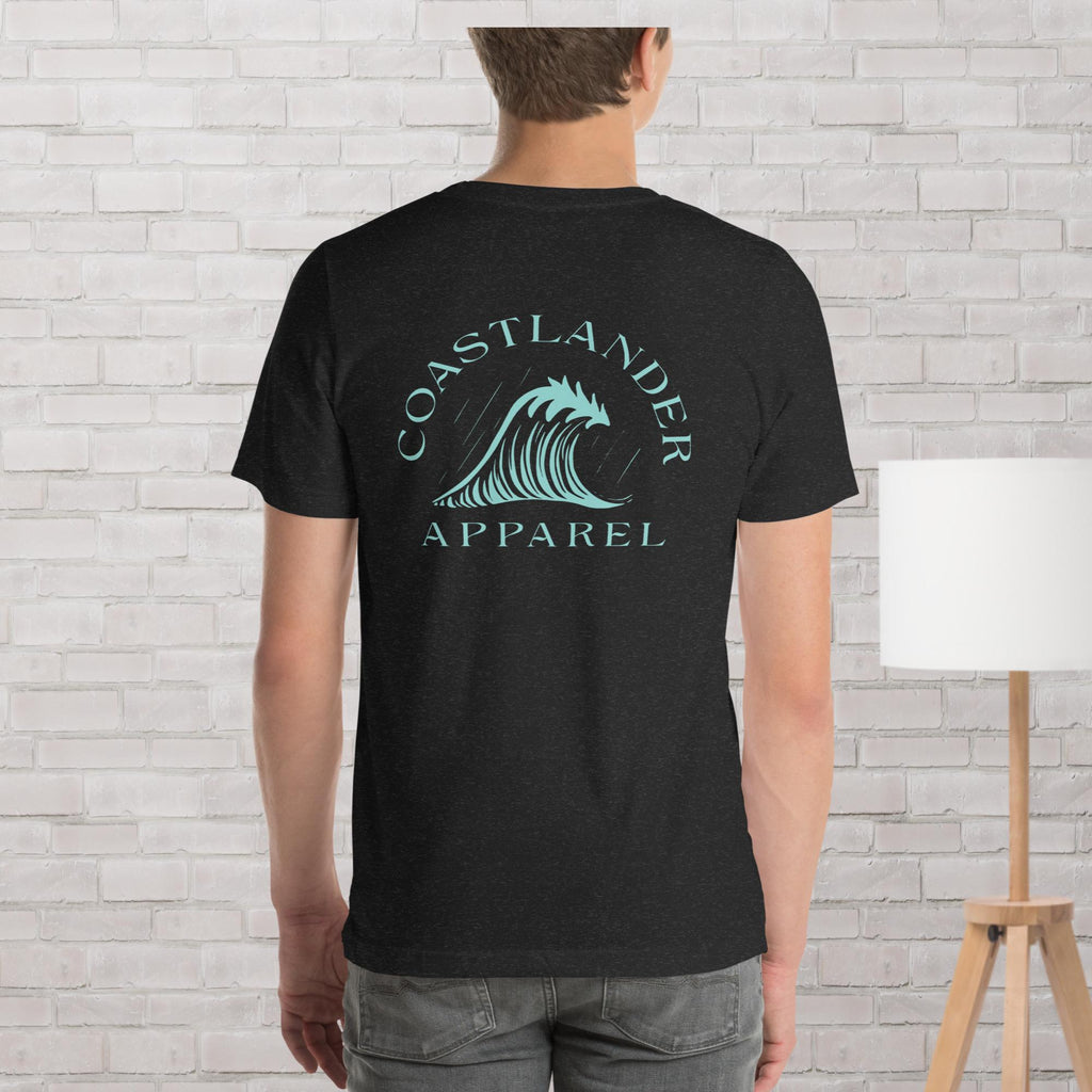 Design of Tree Wave Design - on back - Unisex t-shirt , the colour is Black Heather