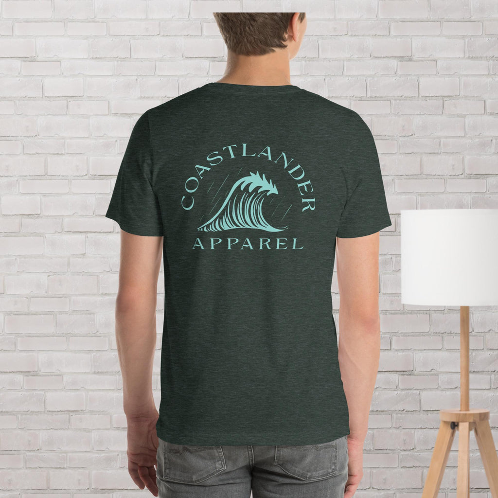 Design of Tree Wave Design - on back - Unisex t-shirt , the colour is Heather Forest
