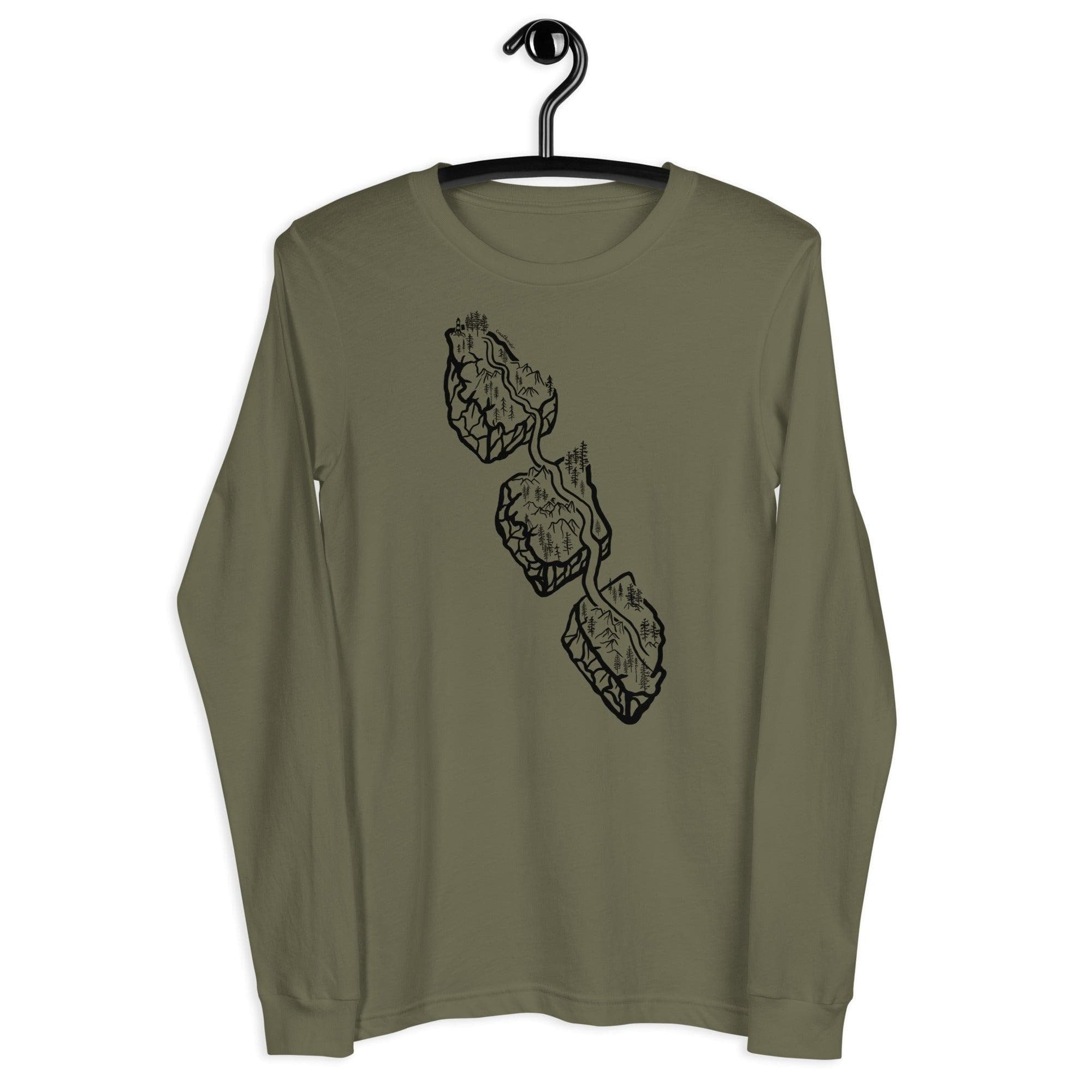 Design of Van Isle Highway - Unisex Long Sleeve Tee , the colour is Military Green