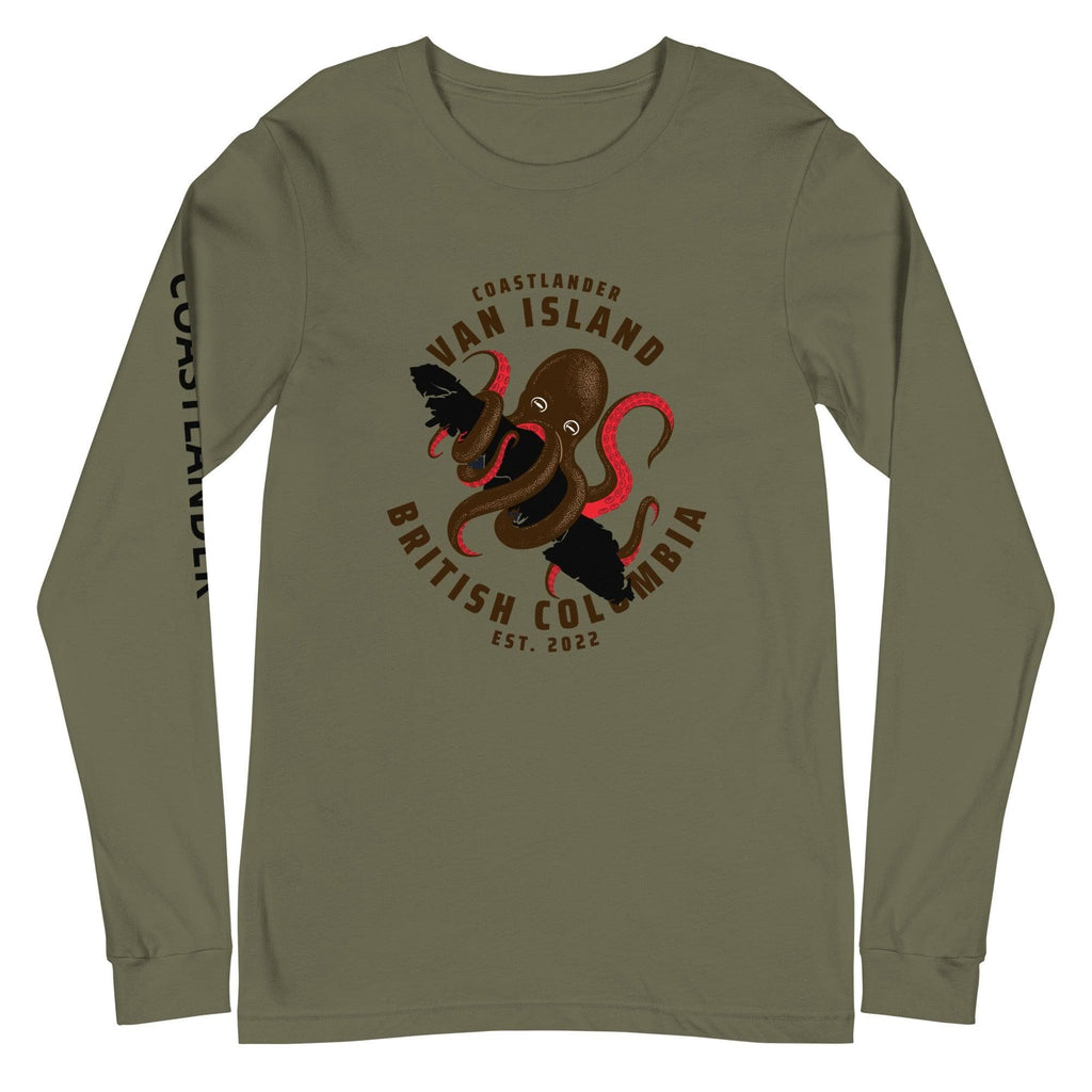 Design of Van Isle Octopus - Unisex Long Sleeve Tee , the colour is Military Green
