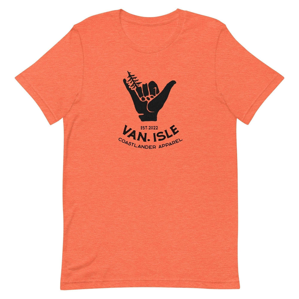 Design of Van Isle - Shaka - Tree - Hang Loose - Unisex t-shirt , the colour is Heather Orange