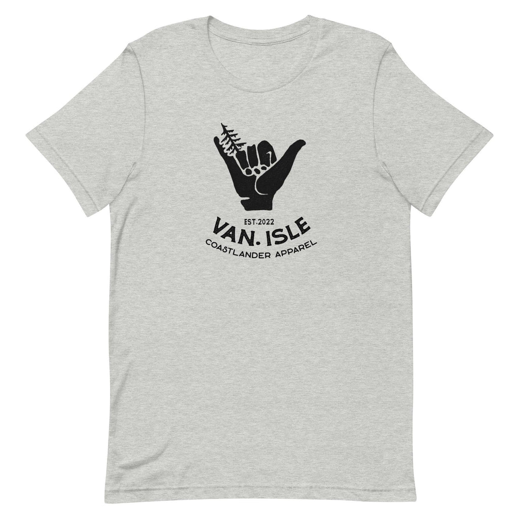 Design of Van Isle - Shaka - Tree - Hang Loose - Unisex t-shirt , the colour is Athletic Heather