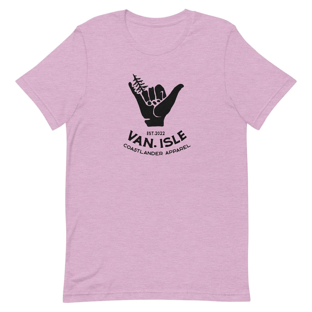 Design of Van Isle - Shaka - Tree - Hang Loose - Unisex t-shirt , the colour is Heather Prism Lilac