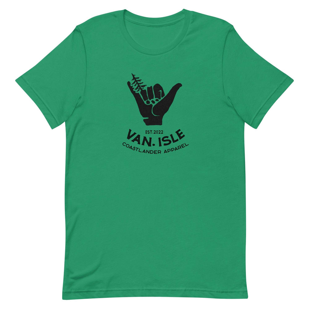 Design of Van Isle - Shaka - Tree - Hang Loose - Unisex t-shirt , the colour is Kelly