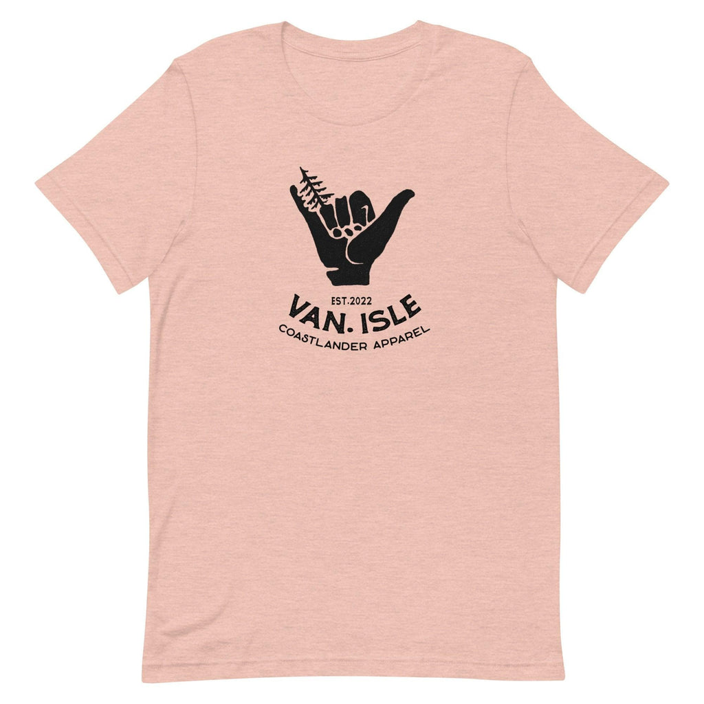 Design of Van Isle - Shaka - Tree - Hang Loose - Unisex t-shirt , the colour is Heather Prism Peach