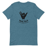 Design of Van Isle - Shaka - Tree - Hang Loose - Unisex t-shirt , the colour is Heather Deep Teal