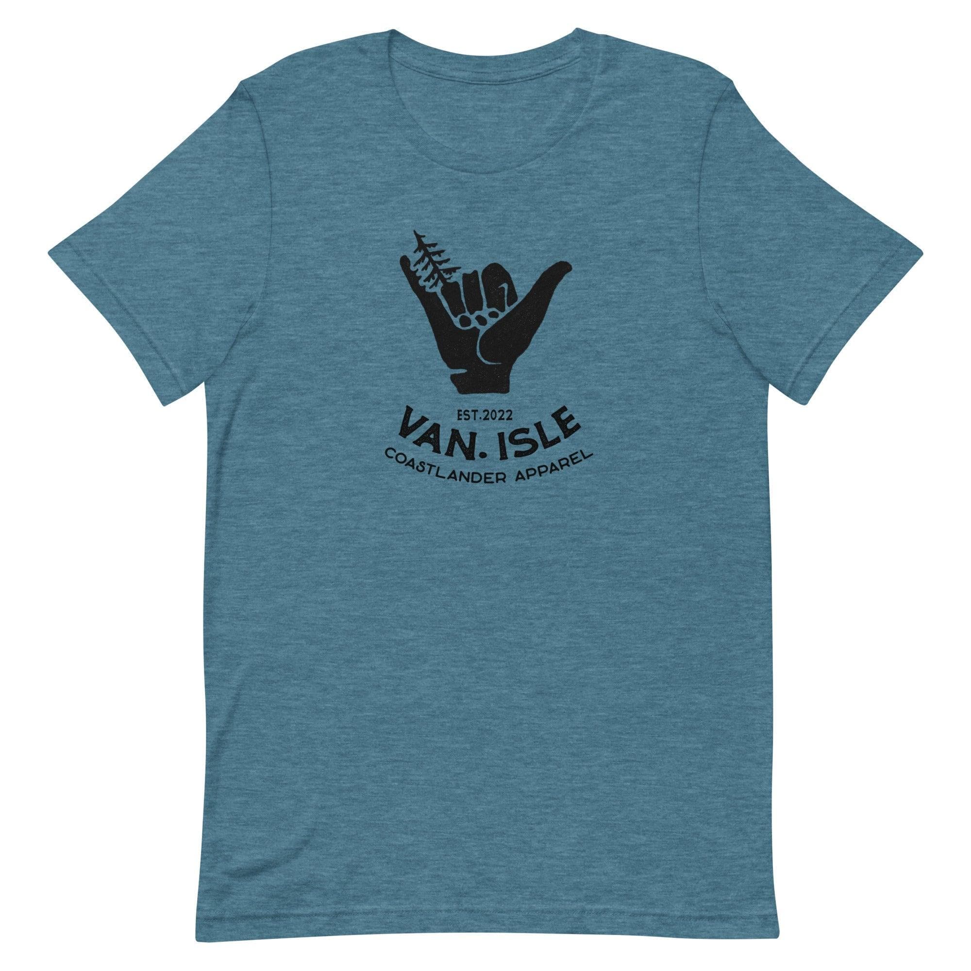 Design of Van Isle - Shaka - Tree - Hang Loose - Unisex t-shirt , the colour is Heather Deep Teal