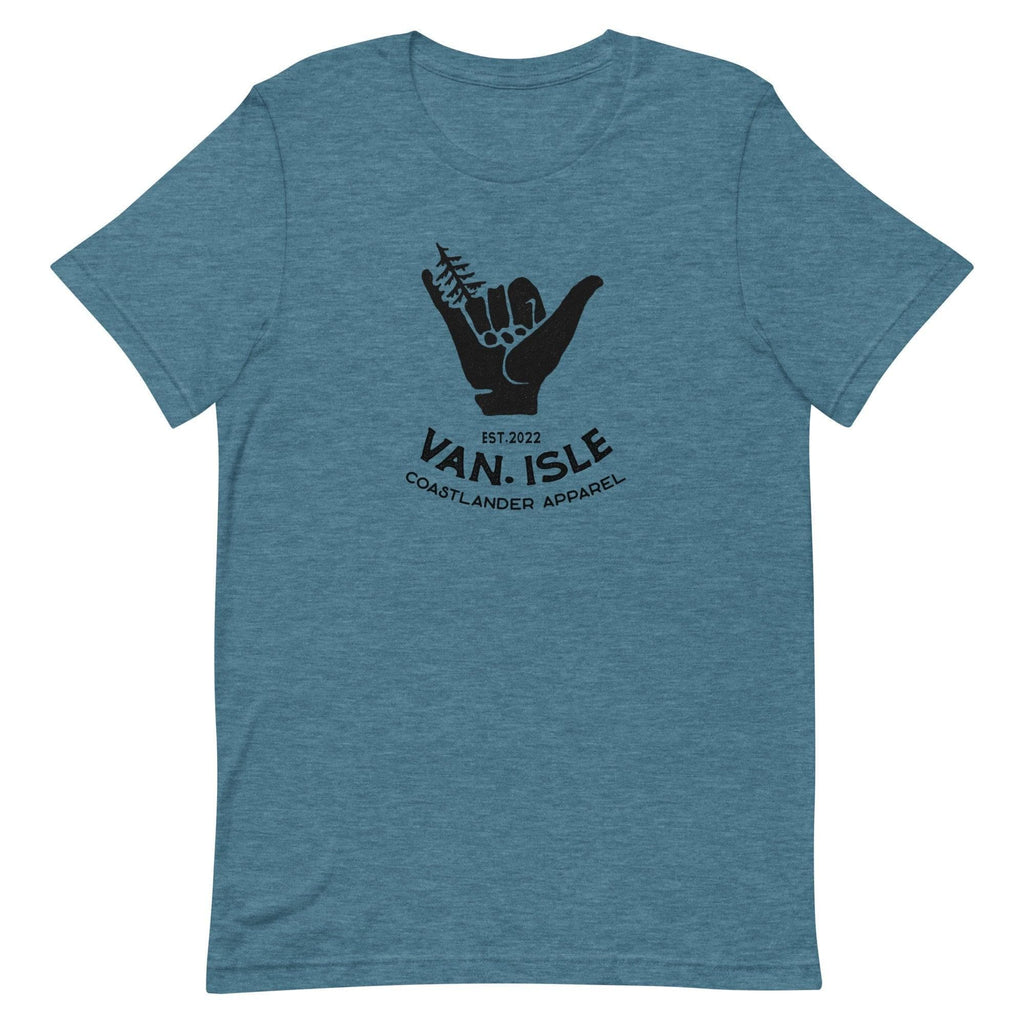 Design of Van Isle - Shaka - Tree - Hang Loose - Unisex t-shirt , the colour is Heather Deep Teal