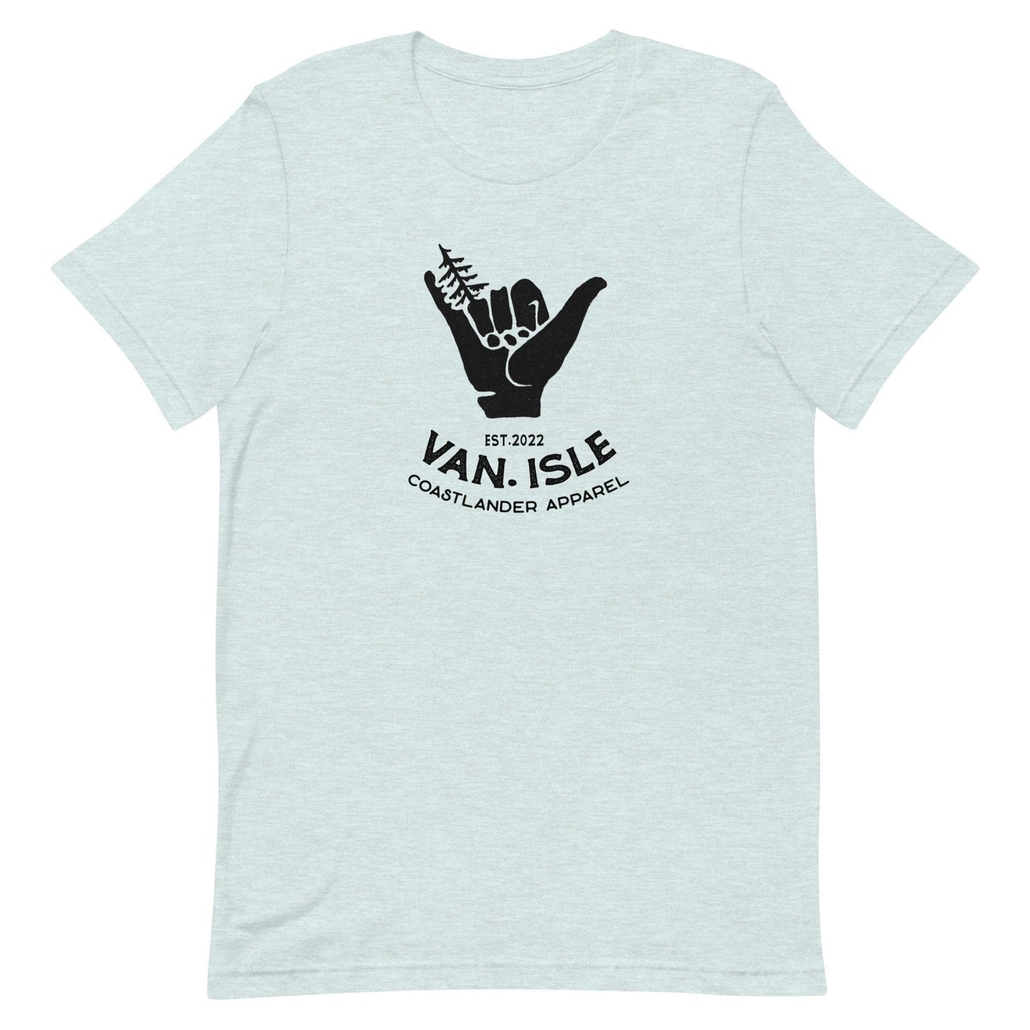 Design of Van Isle - Shaka - Tree - Hang Loose - Unisex t-shirt , the colour is Heather Prism Ice Blue