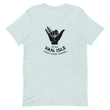 Design of Van Isle - Shaka - Tree - Hang Loose - Unisex t-shirt , the colour is Heather Prism Ice Blue