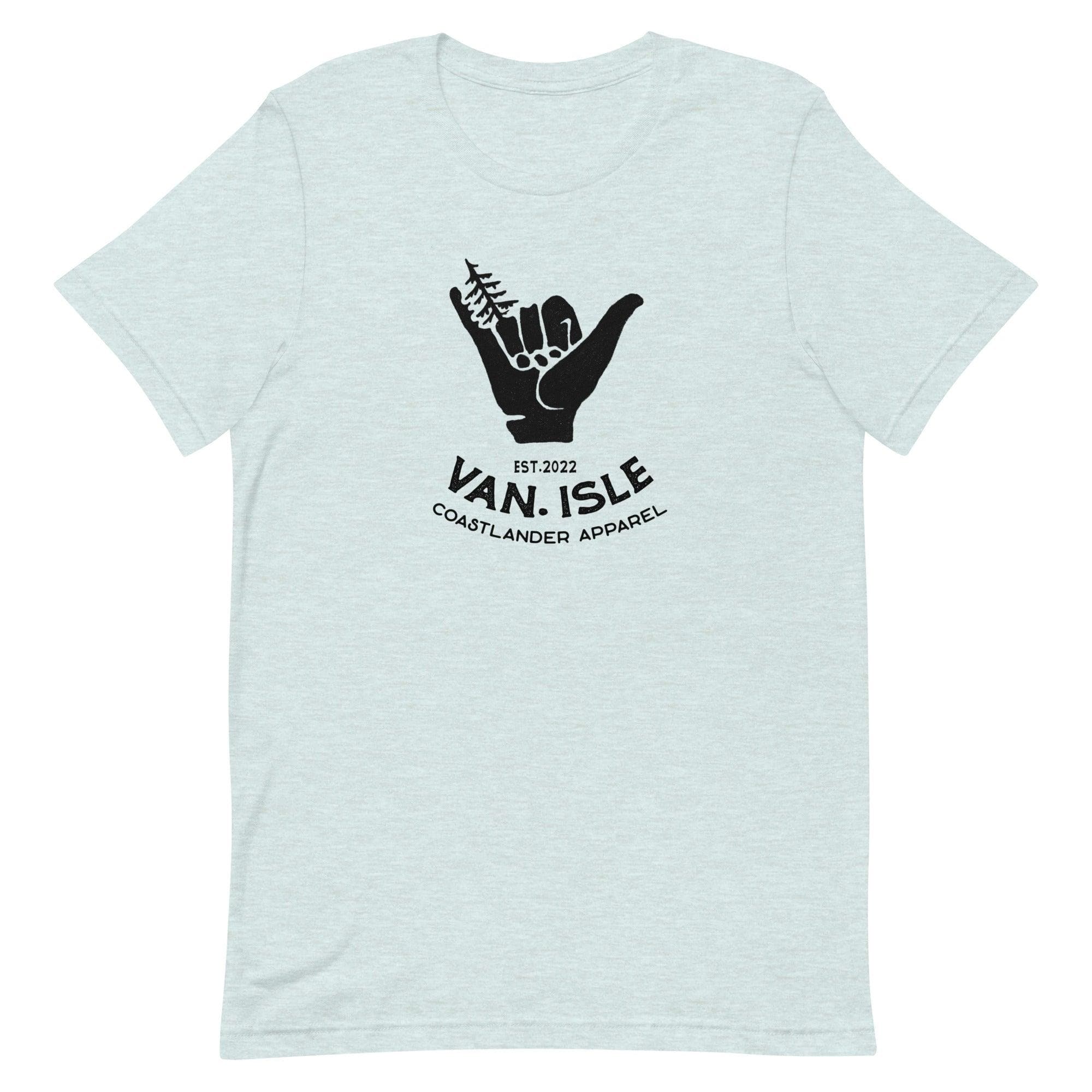 Design of Van Isle - Shaka - Tree - Hang Loose - Unisex t-shirt , the colour is Heather Prism Ice Blue