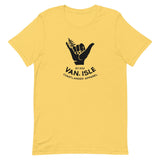 Design of Van Isle - Shaka - Tree - Hang Loose - Unisex t-shirt , the colour is Yellow