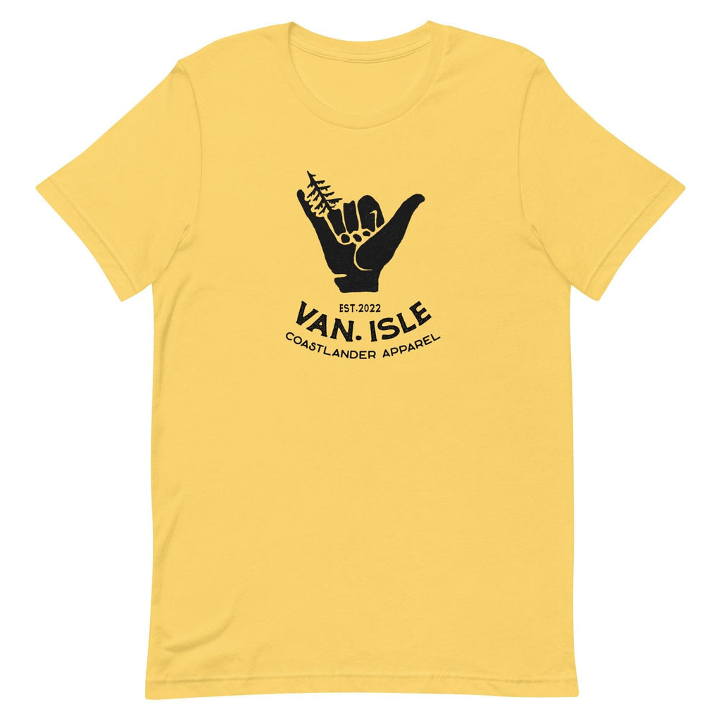 Design of Van Isle - Shaka - Tree - Hang Loose - Unisex t-shirt , the colour is Yellow