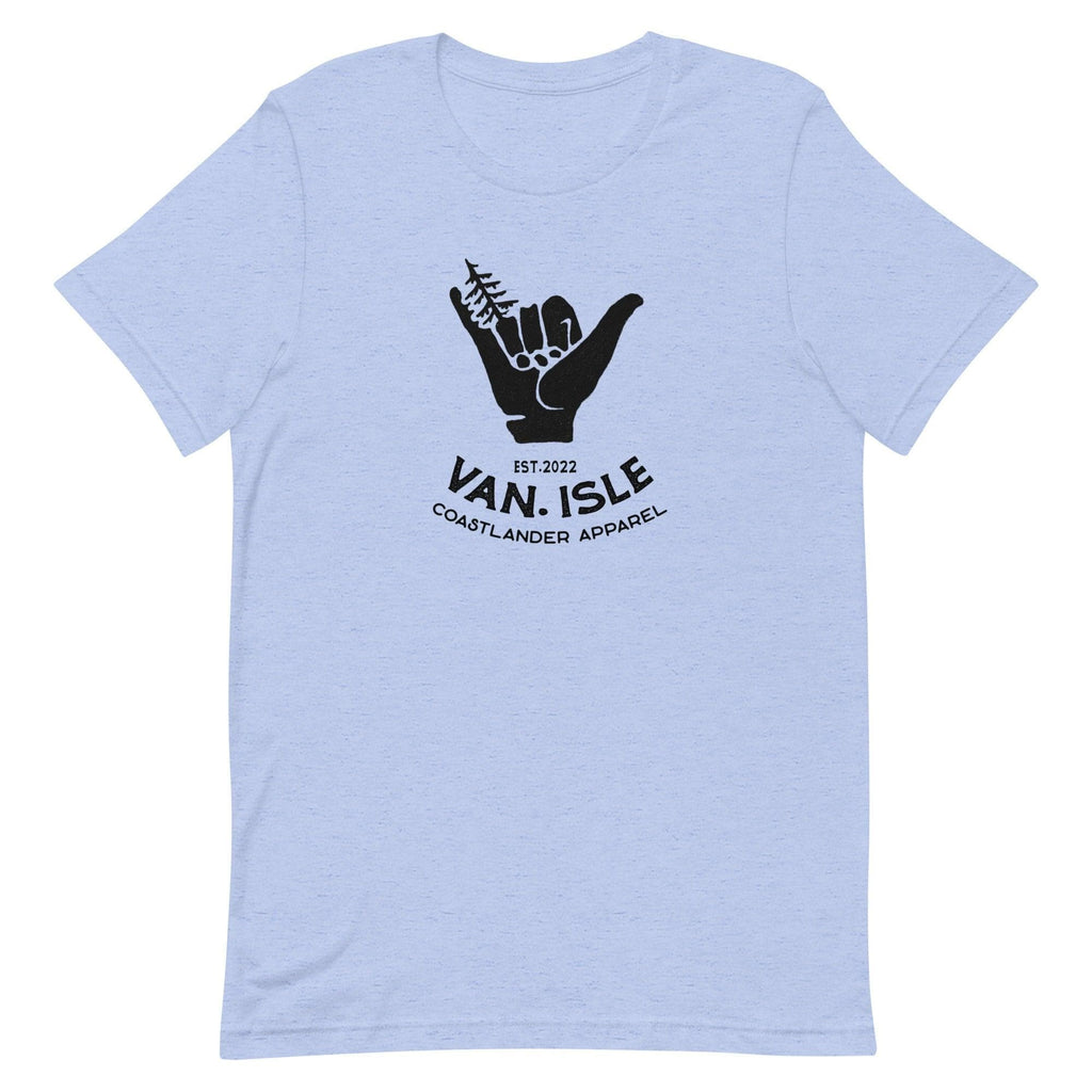 Design of Van Isle - Shaka - Tree - Hang Loose - Unisex t-shirt , the colour is Heather Blue