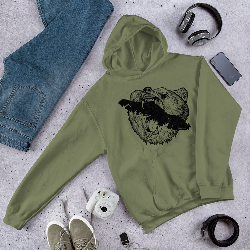 Design of Vancouver Island Bear - Unisex Hoodie , the colour is Military Green
