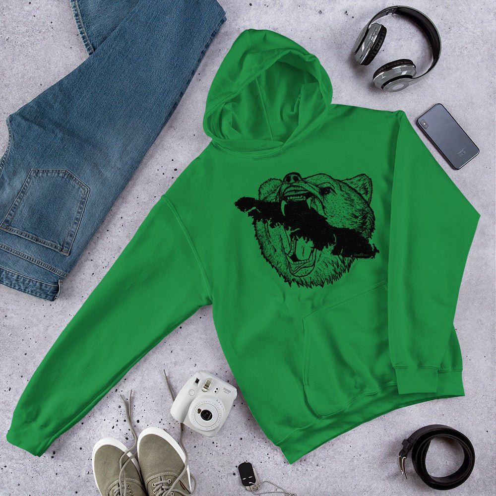 Design of Vancouver Island Bear - Unisex Hoodie , the colour is Irish Green