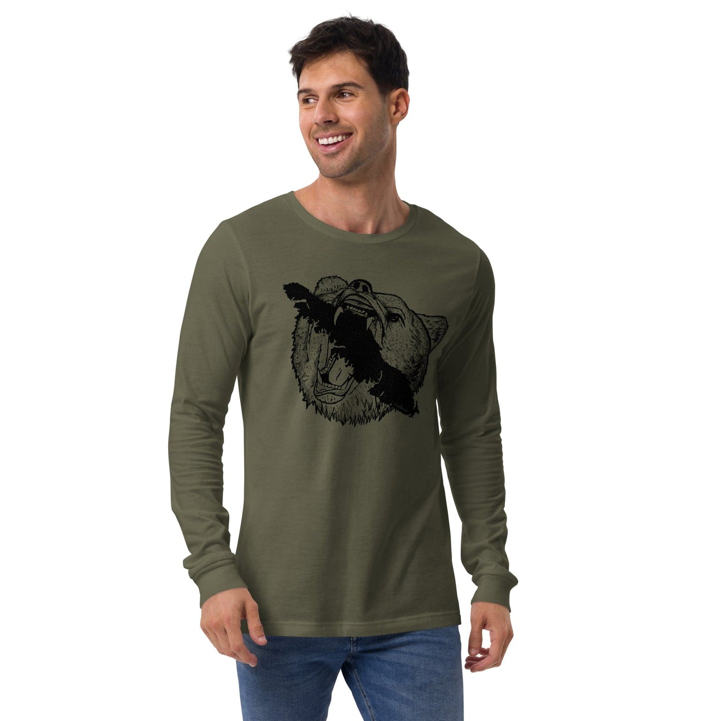 Design of Vancouver Island Bear - Unisex Long Sleeve Tee , the colour is Military Green