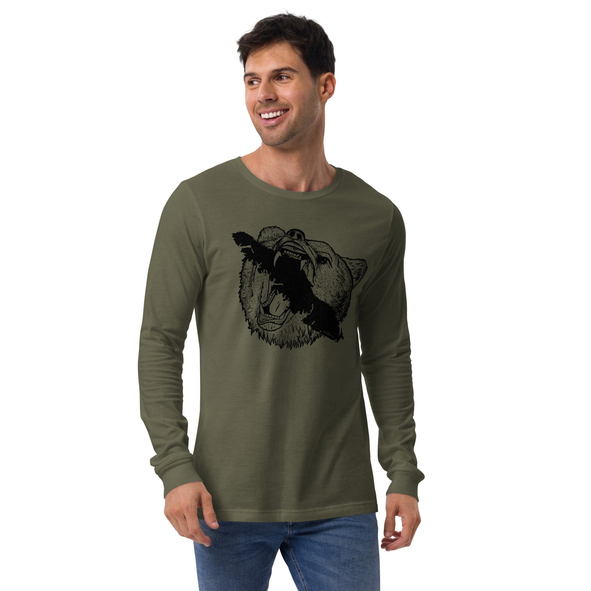Design of Vancouver Island Bear - Unisex Long Sleeve Tee , the colour is Military Green
