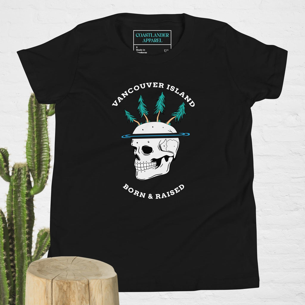 Design of Vancouver Island Born and Raised Skeleton Tree Design - Kids - Youth Short Sleeve T-Shirt , the colour is