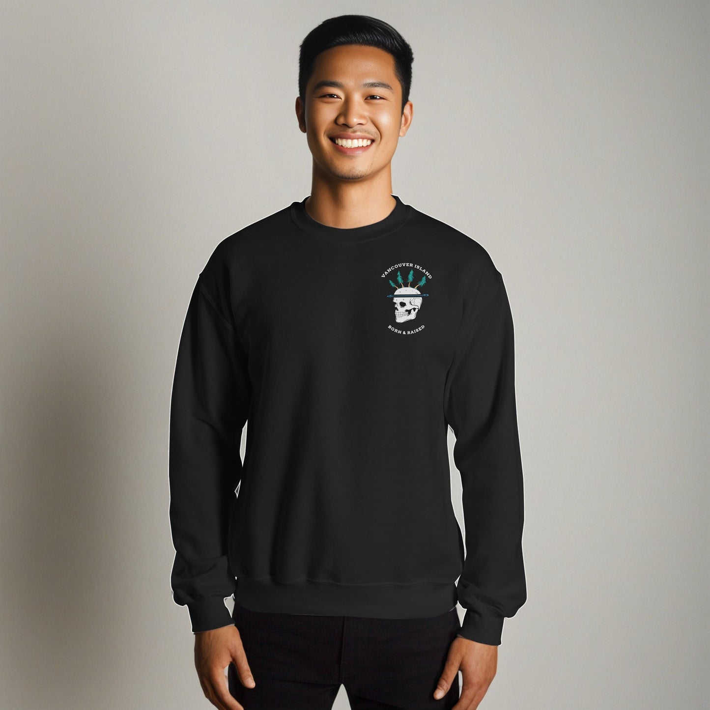 Design of Vancouver Island Born and Raised Skull - Unisex Sweatshirt , the colour is Black