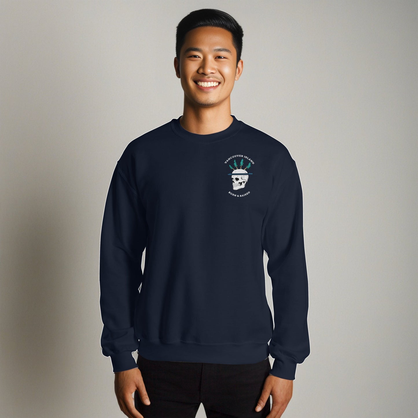 Design of Vancouver Island Born and Raised Skull - Unisex Sweatshirt , the colour is Navy
