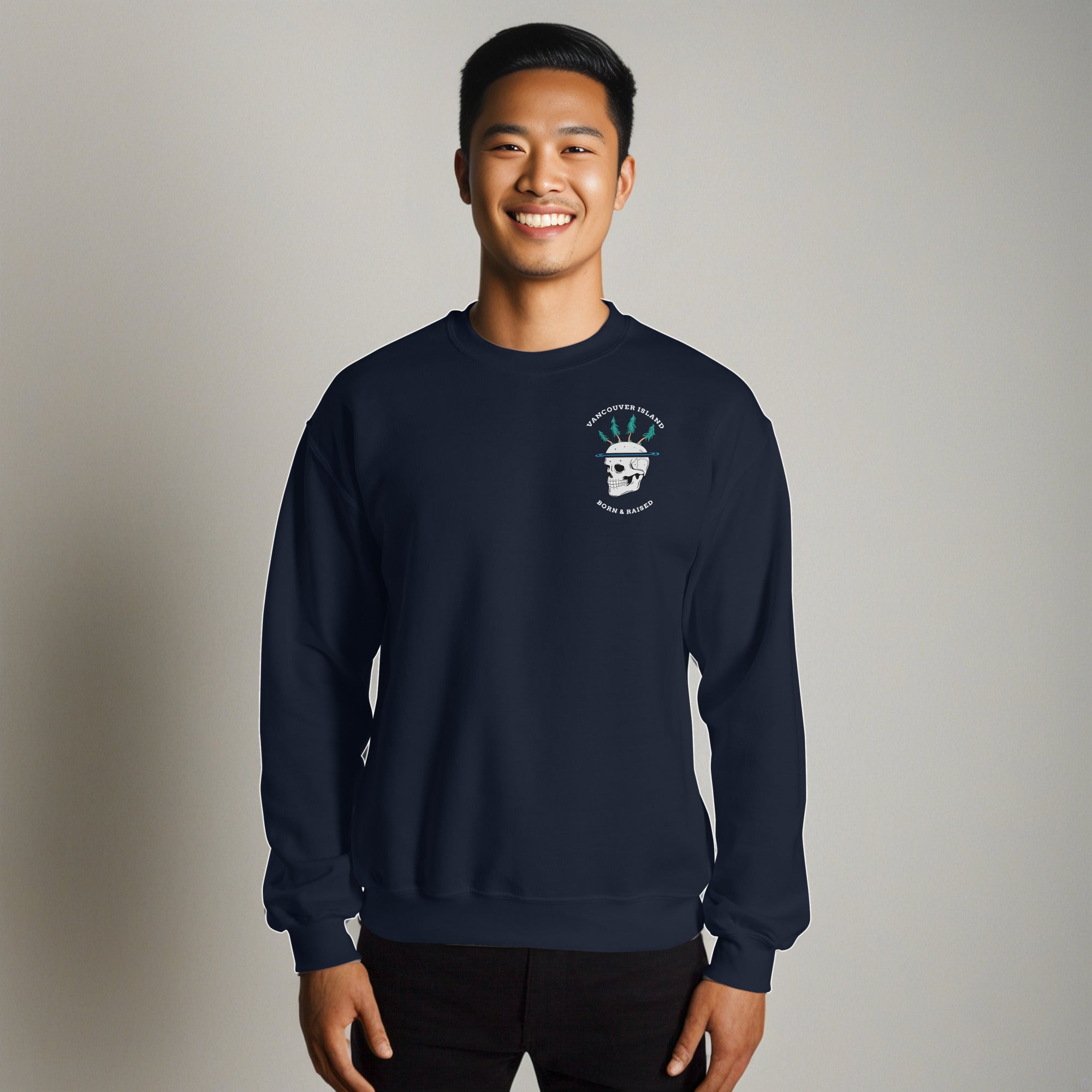 Design of Vancouver Island Born and Raised Skull - Unisex Sweatshirt , the colour is Navy