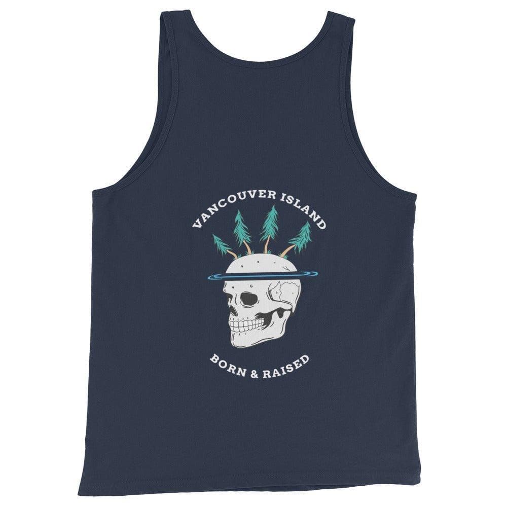 Design of Vancouver Island Born & Raised Skeleton - Unisex Tank Top , the colour is Navy