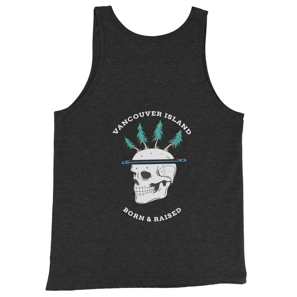 Design of Vancouver Island Born & Raised Skeleton - Unisex Tank Top , the colour is Charcoal-Black Triblend